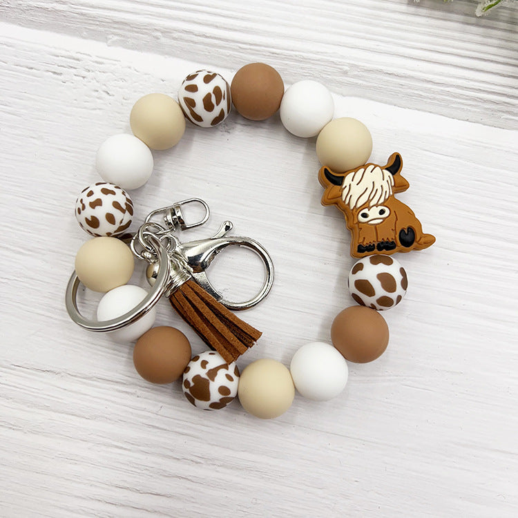 Wholesale Cartoon Small Animal Yak Silicone Beaded Bracelet Short Tassel Keychain